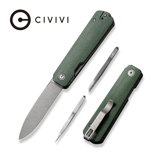 CIVIVI C21004A-1 Sendy Folding Knife, Green Canvas Micarta, Tweezers/Toothpick