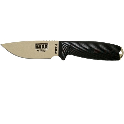 ESEE Model 3 3PMDT-004 Desert Tan, 3D Blood/Black G10 Handles, Black Sheath, Belt Clip