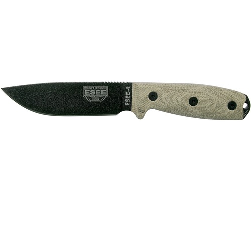 ESEE Model 4 4PB-017 Black Blade, 3D Green Canvas Micarta Handles, Black Sheath, Belt Clip