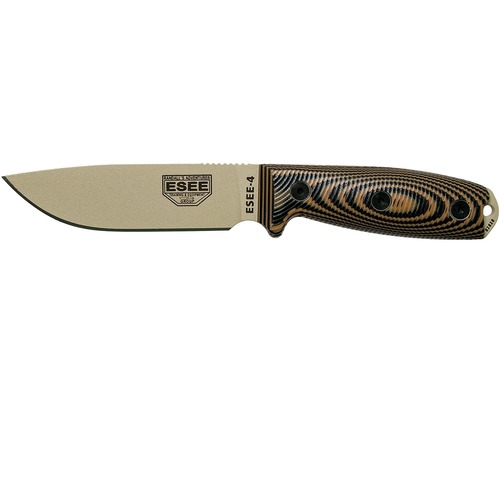 Esee Model 4 4Pdt-005 Desert Tan Blade, 3D Coyote/Black G10 Handles, Black Sheath, Belt Clip
