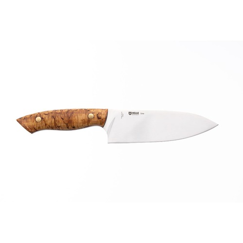 Dele 12C27 steel blade, curly birch handle, leather blade cover