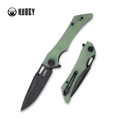 Kubey Kb245G Raven Flipper Folding Knife, Dark Stonewashed Aus-10, Jade G10