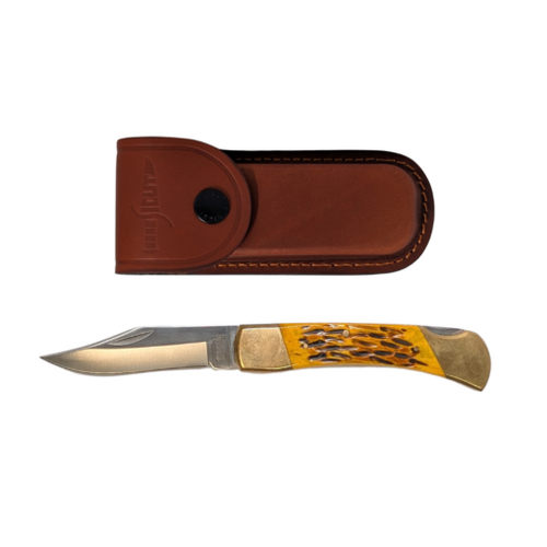 Sicut SICUT Traditional Lockback Folding Knife 5″ with Leather Belt Pouch – Genuine Bone, Sawcut or 